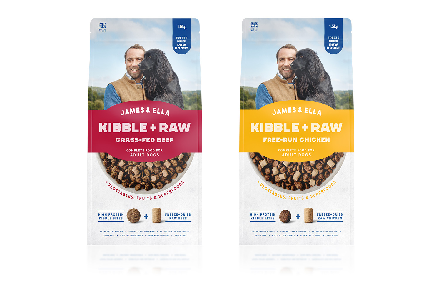 A banner advertisement for James & Ella's Kibble + Raw food with a product image