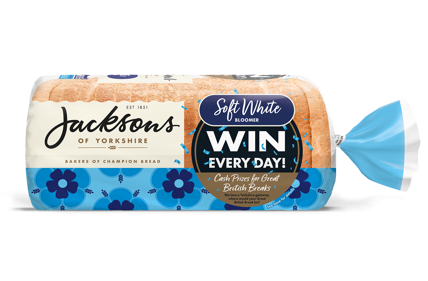 Jacksons of Yorkshire Soft White Bloomer. On-pack promotion- WIN EVERY DAY, cash prizes for Great British breaks!