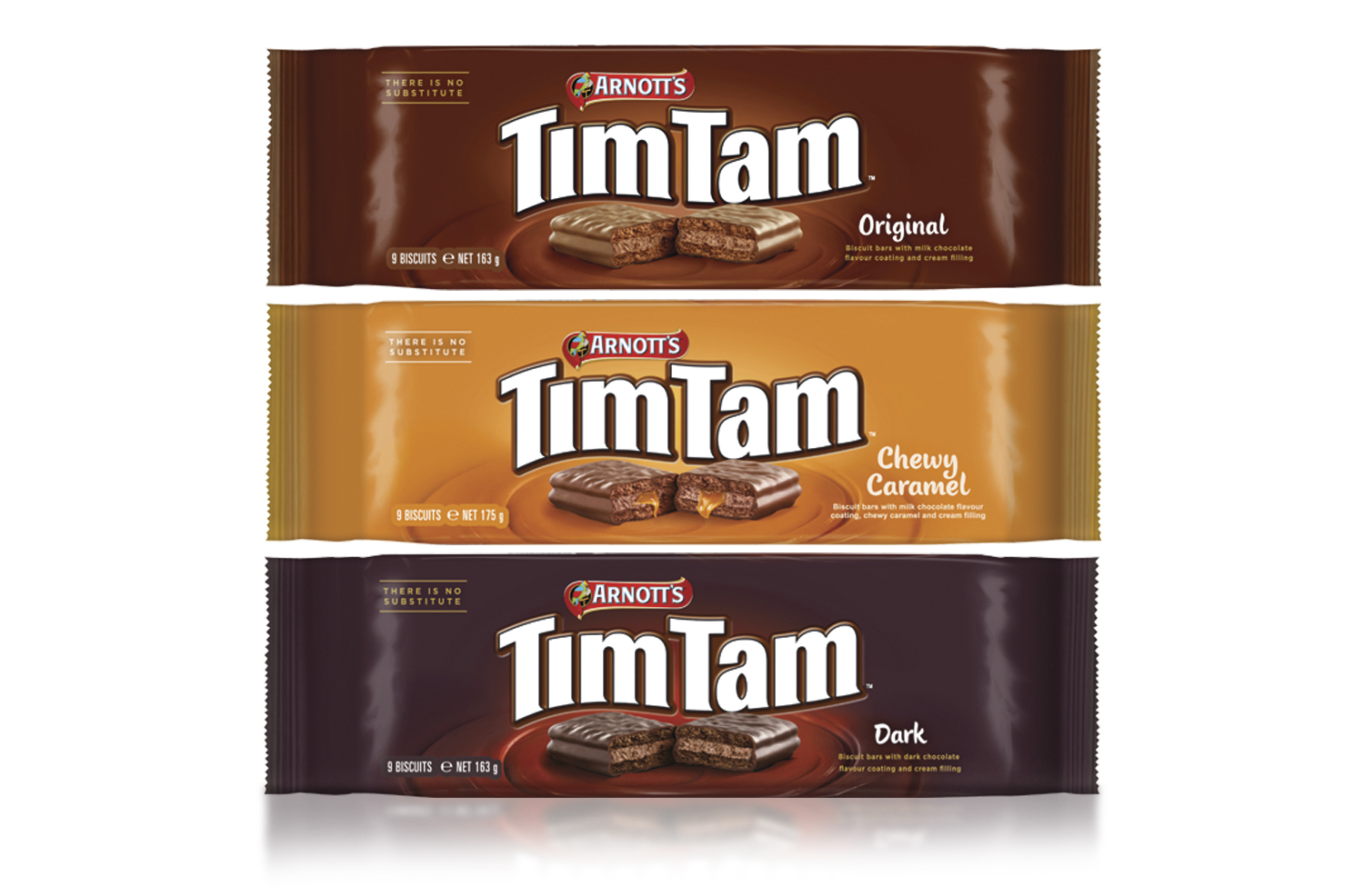 3 images of tim tams, dark, milk and chewy caramel