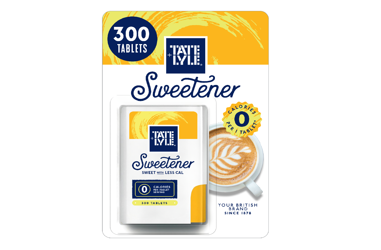 A packshot of Tate & Lyle's Sweetener Tablets. The Product contains 300 15g tablets. Writing on the packaging contains several sections of text: "Sweet With Less Cal" & "0 Calories Per Tablet Serving"