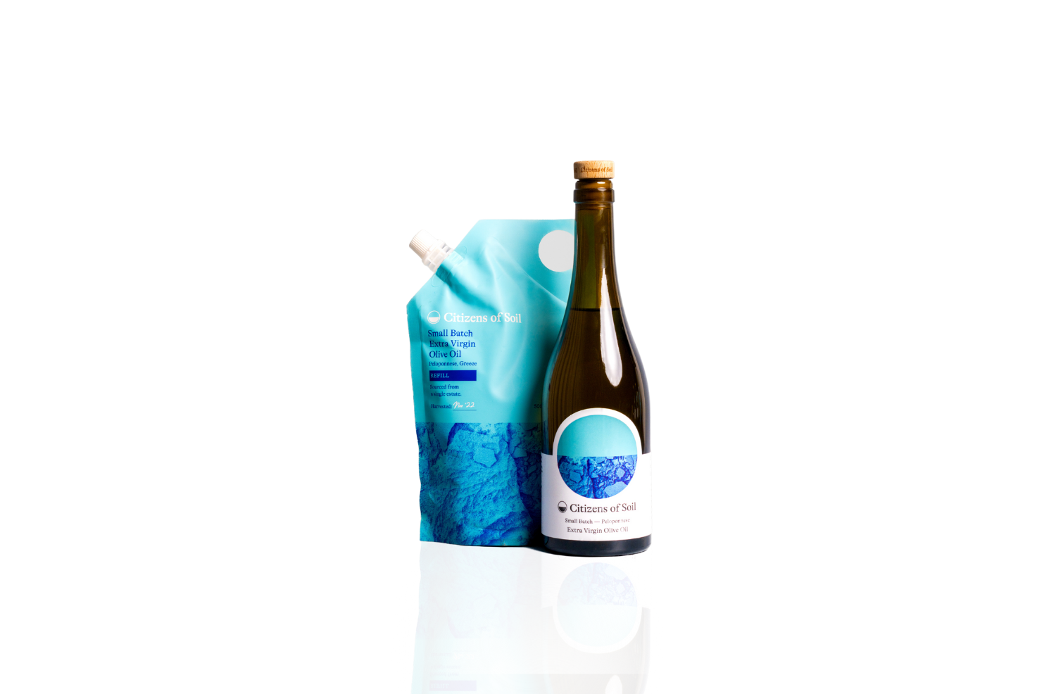 Image of Citizens of Soil Greek Single Estate Extra Virgin Olive Oil in the bottle and refill pouch.