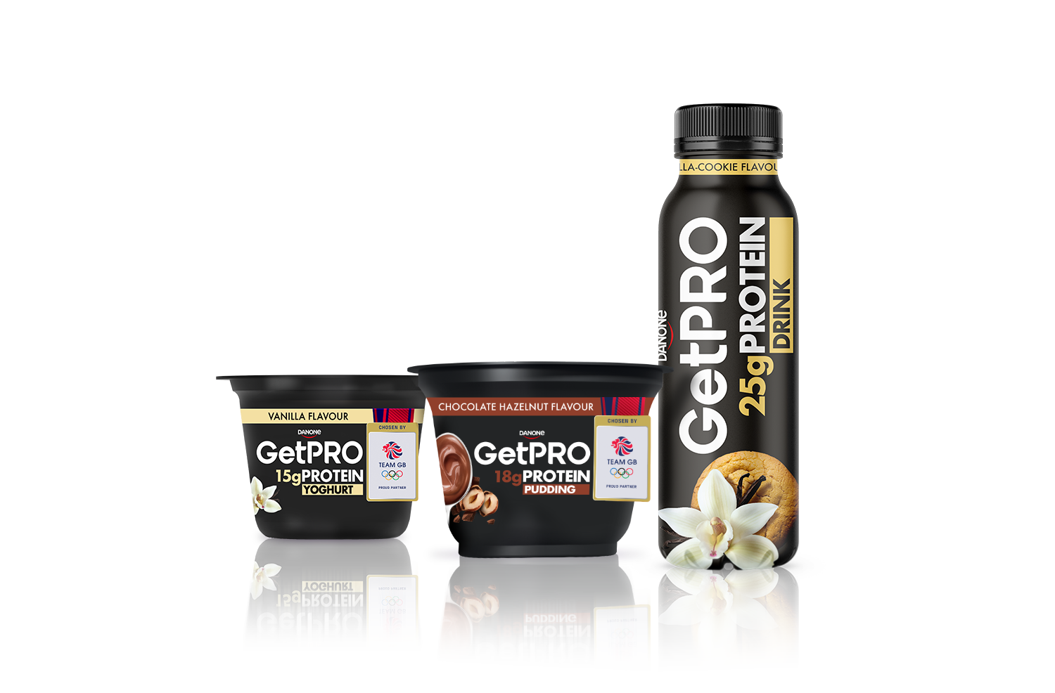 Image of GetPro vanilla yoghurt, chocolate hazelnut pudding and vanilla yoghurt drink