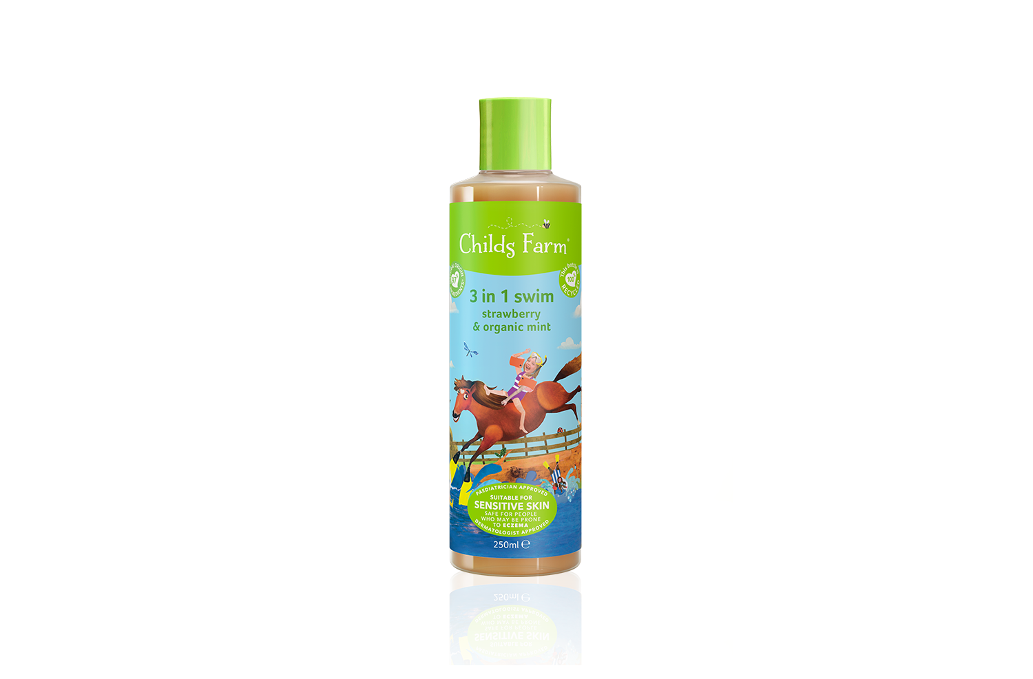 Hero image shows the product image of the Childs Farm 3 in 1 swim strawberry & organic mint 250ml with the label clearly facing forwards