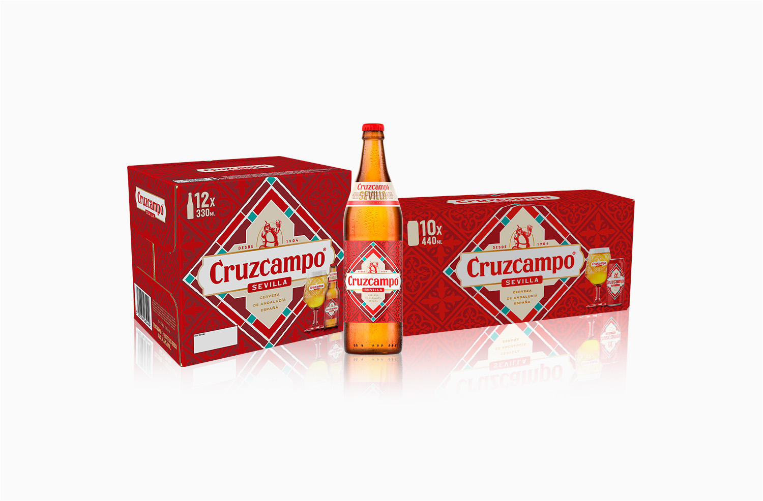 Packshot images of cruzcampo 12 pack bottle, singular 660ml bottle and 10 pack cans.