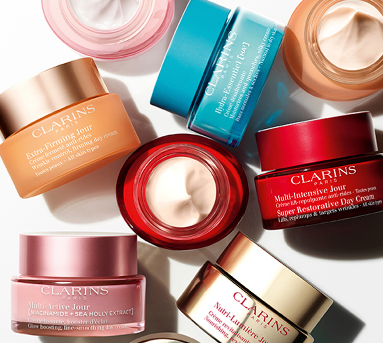 Banner Advertisement for Clarins moisturisers with a product image and shop now button with text reading 'Every skin deserves a great moisturiser'