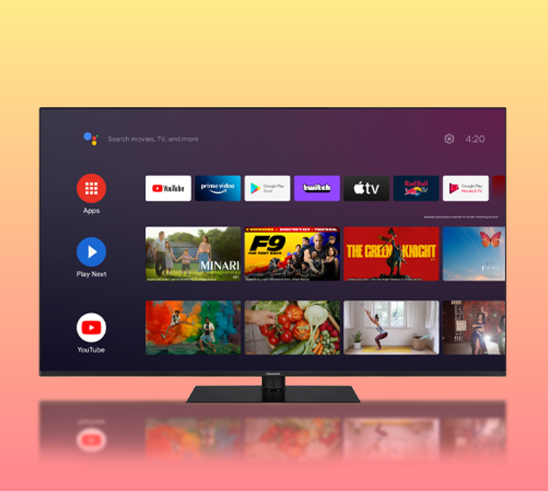 Product image of Panasonic MX650 Smart TV displaying its Android TV operating system with a gradient background.